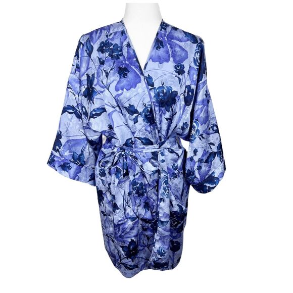 LA Intimates Robe Women Medium Blue Purple Floral Satin Belted Kimono Sleepwear - Picture 1 of 13